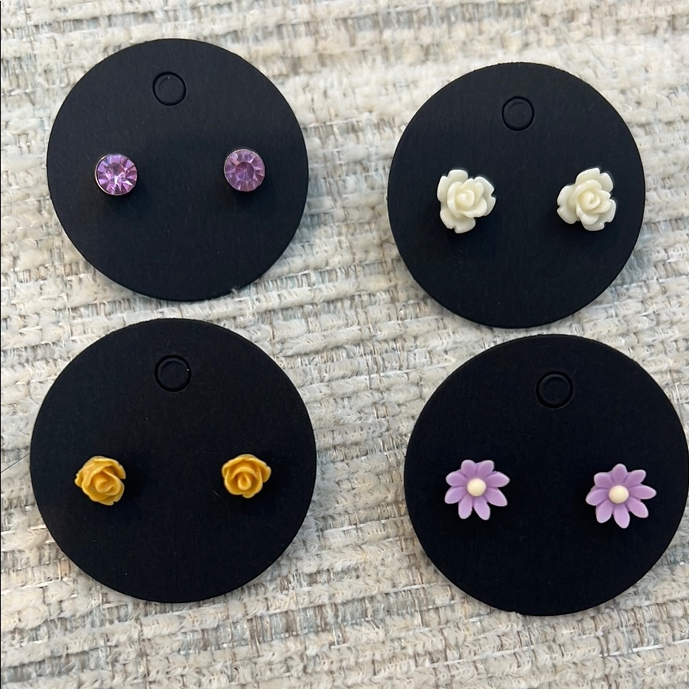 Set of Floral and Gem Stud Earrings
